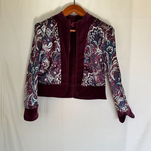 Lucky Brand Live In Love Burgundy Velvet Floral Embroidered Open Front Blazer - Picture 13 of 16